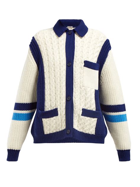 miu miu intarsia-stripe and cable-knit wool cardigan|miumiu cashmere sweater.